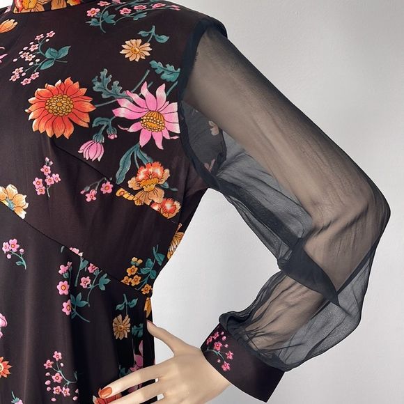 Vintage 70s Floral and Black Long Sleeve Sheer Maxi Dress - Picture 3 of 16